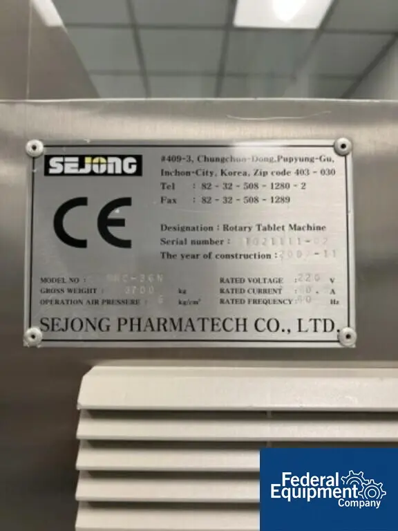 8 Ton Sejong #MRC-36N, Rotary Tablet Press, 36 Station, 0.629" diameter x 0.748" fill max, 216K TPH - Image 2