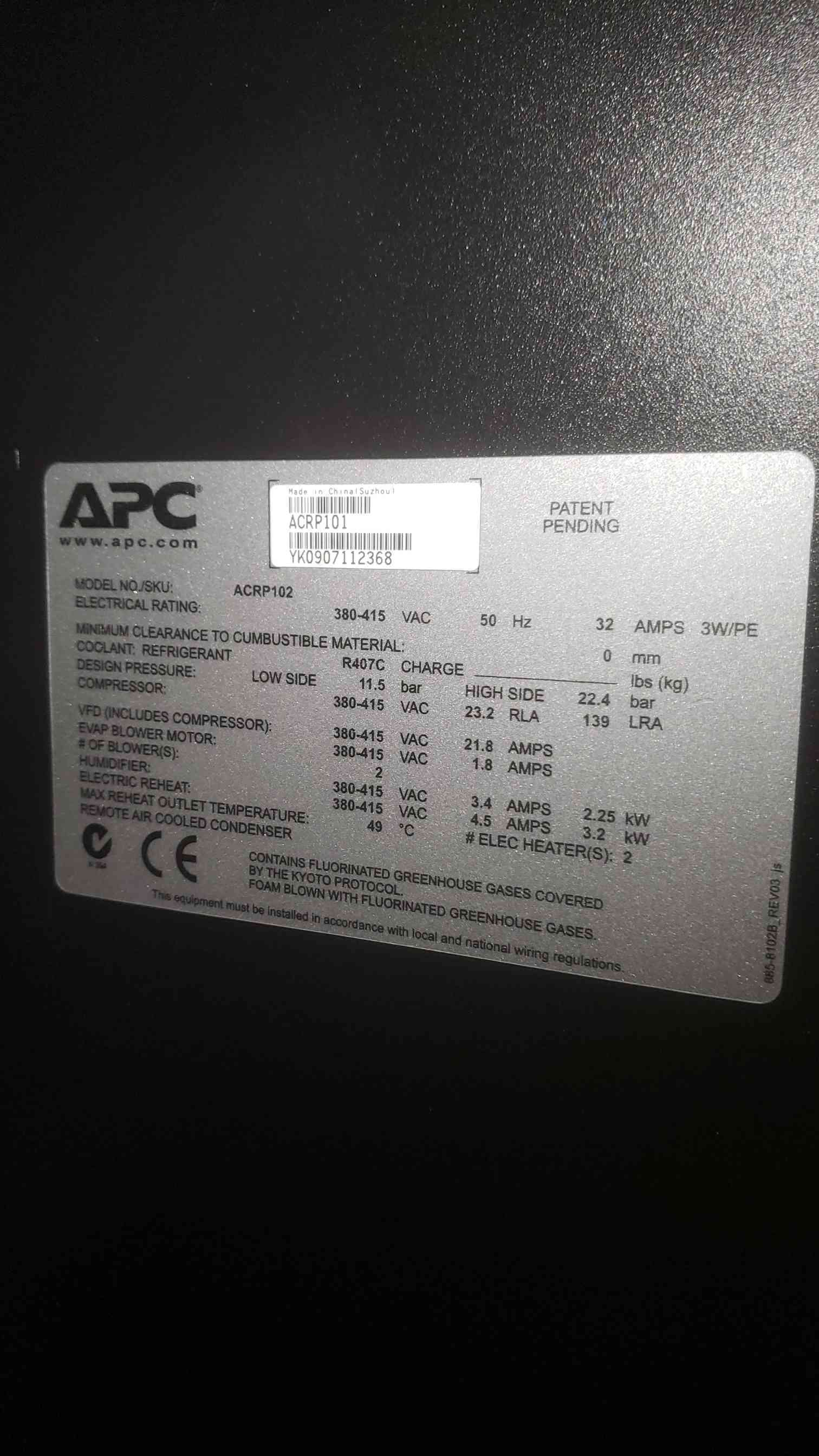 APC #ACRP102, InRow AC, R407C, (2) Blowers & Heaters, 2.4/11.5 bar, 32 Amps, 380-415 VAC - Image 4