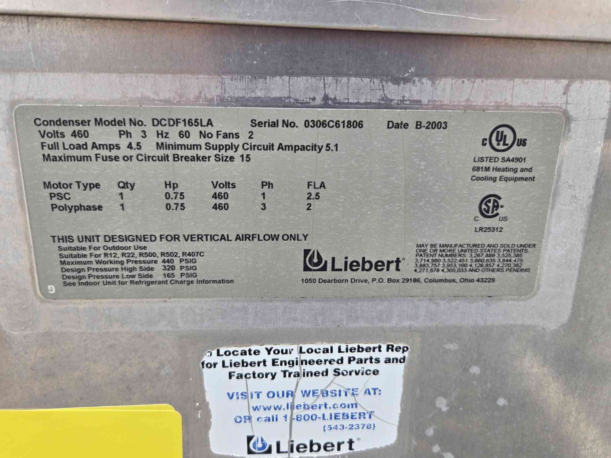 Liebert #DCDF165LA, 2-Fan Condenser, 320/165 psig, 3 Phase, 0.75 HP, 460 V, 2003 - Image 10