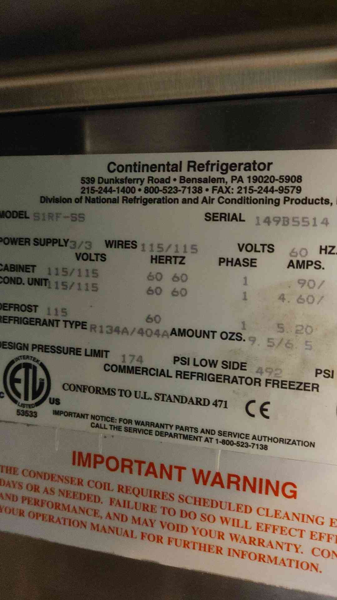 Continental #S1RF-SS, Refrigerator, R134A/R404A, 2-Door, 492/174 psi, 115 V - Image 4