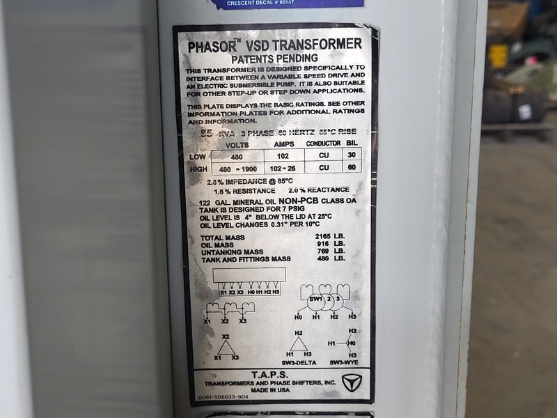 85 KVA 1900-480 Primary, 480 Secondary, T.A.P.S. PHASOR transformer, oil type - Image 2