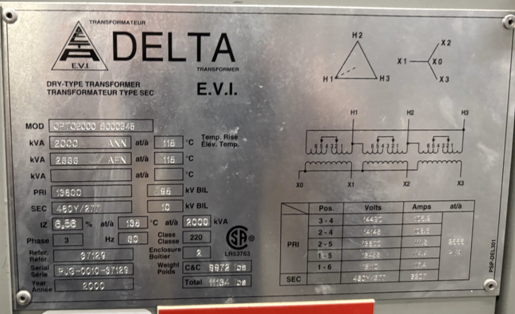 2000 KVA 13800 Primary, 480Y/277 Secondary, Delta CPTC2000 transformer, dry type, 2000 - Image 1