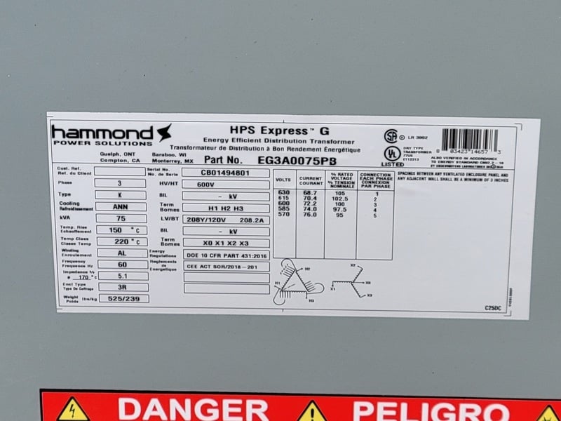 75 KVA 600 Primary, 208Y/120 Secondary, Hammond Power Solutions EG3A0075PB, dry type, Nema 3R, new surplus - Image 2