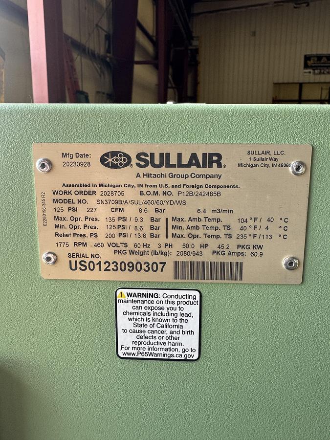 227 cfm, 125 psig, Sullair S-Energy #SN3709B/A/SUL/460/60/YD/WS, air compressor, 50 HP, never used, 2023 - Image 4