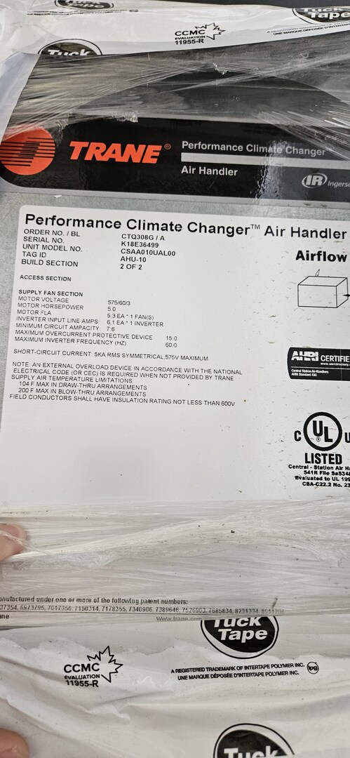 Trane #CSAA010UAL00, Preformance climate changer air handler, 5 HP, 575 V., new surplus, 2021 - Image 2