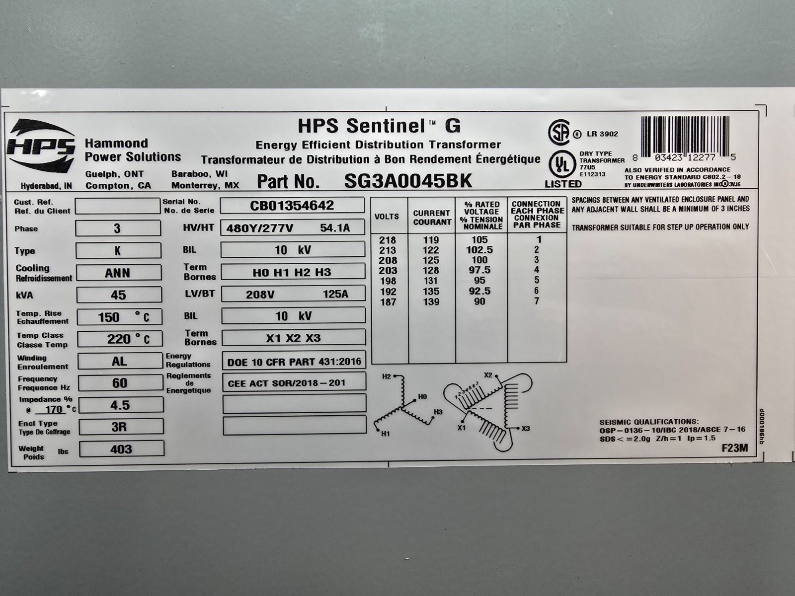 45 KVA 208 Delta Primary, 480Y/277 Secondary, Hammond SG3A0045BK, Nema 3R, step-up, Dry Type, new - Image 2