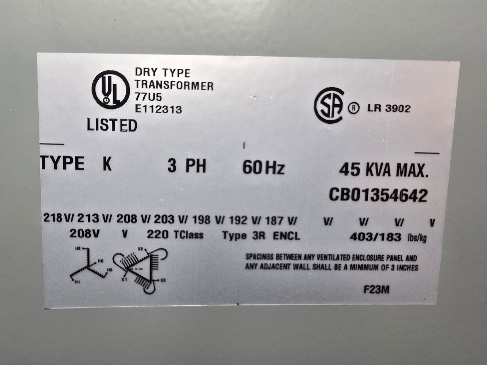 45 KVA 208 Delta Primary, 480Y/277 Secondary, Hammond SG3A0045BK, Nema 3R, step-up, Dry Type, new - Image 6