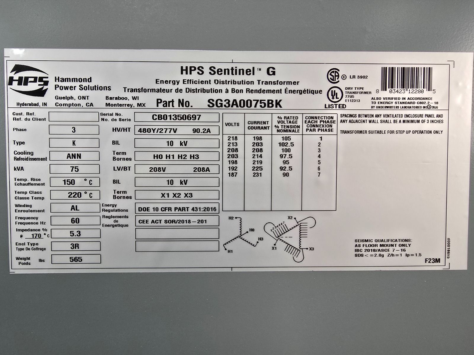 75 KVA 208 Delta Primary, 480Y/277 Secondary, Hammond SG3A0075BK, Nema 3R, step up, Dry Type, new - Image 3