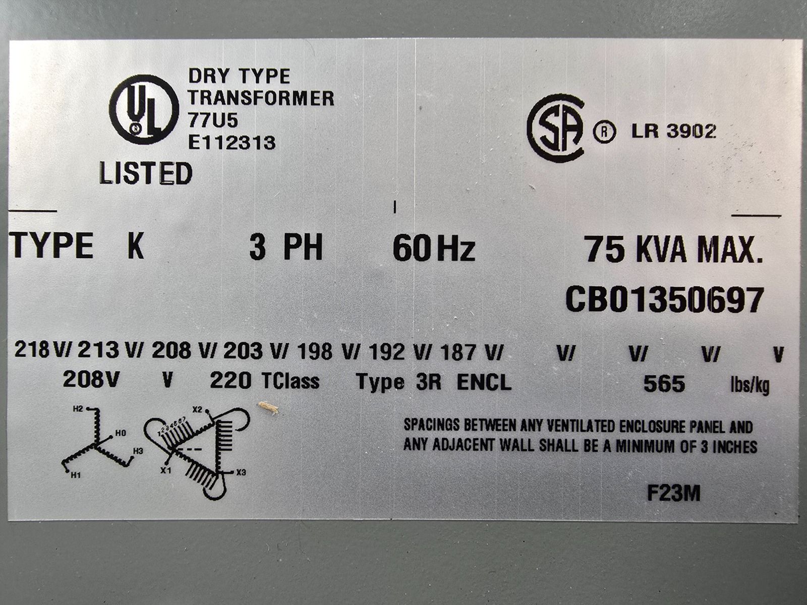 75 KVA 208 Delta Primary, 480Y/277 Secondary, Hammond SG3A0075BK, Nema 3R, step up, Dry Type, new - Image 5