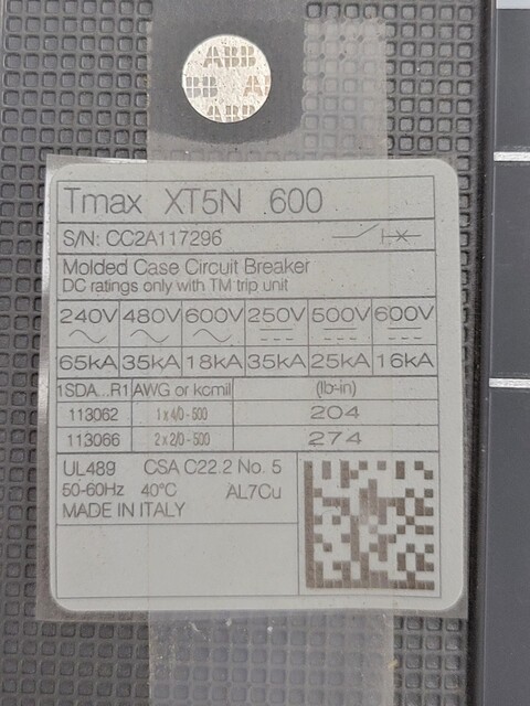 600 Amps, ABB, Sace Tmax XT5NU260BBYN000XXX, Circuit Breaker, ReliaGearneXT, 2P, 600 Volts, Type XT5N 600 - Image 3