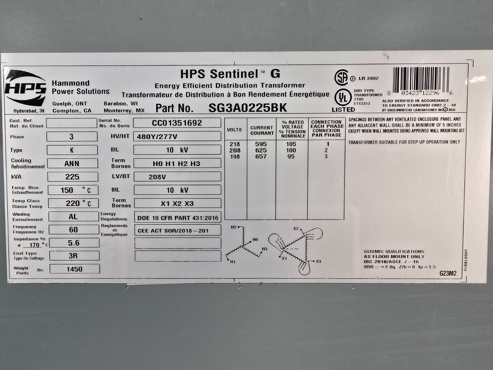 225 KVA 208 Delta Primary, 480Y/277 Secondary, Hammond SG3A0225BK, step up Dry Transformer, NEMA 3R, new - Image 3