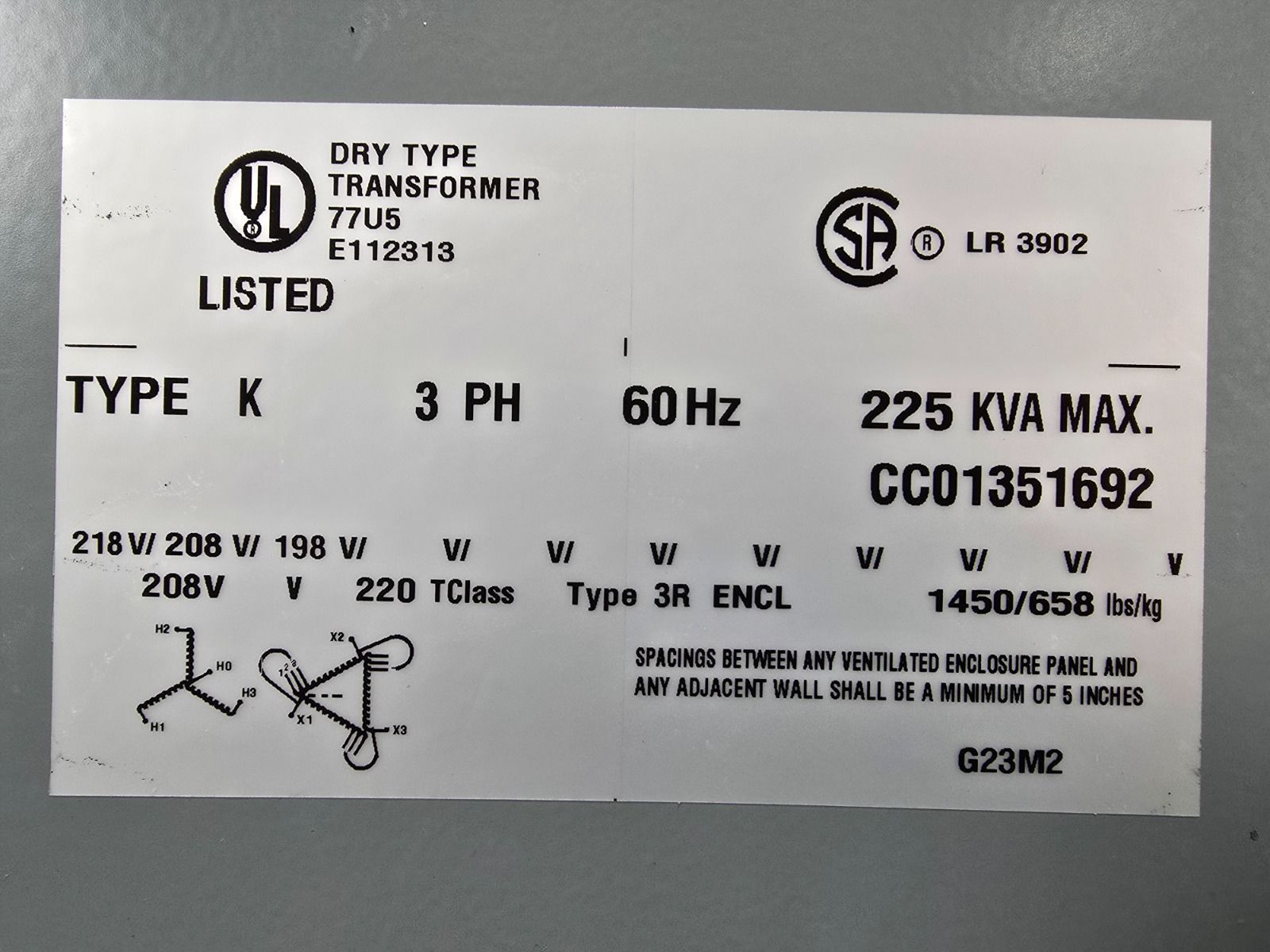 225 KVA 208 Delta Primary, 480Y/277 Secondary, Hammond SG3A0225BK, step up Dry Transformer, NEMA 3R, new - Image 5