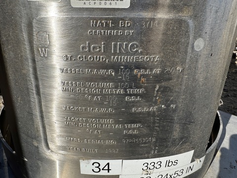 26 gallon DCI, 100 liter Stainless steel tank, portable, 100 psi, 20" dia. x 24" straight side, dish top & - Image 6