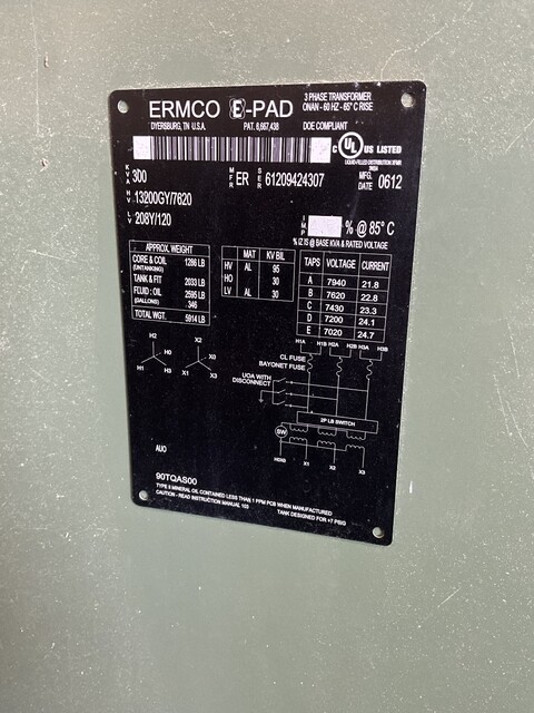 300 KVA 13200/ 7620 Primary, 208Y/120 Secondary, 3 phase, Padmount Transformer - Image 1