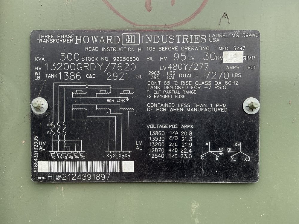 500 KVA 13200GY/7620 Primary, 480Y/277 Secondary, 3 phase, Padmount Transformer - Image 1