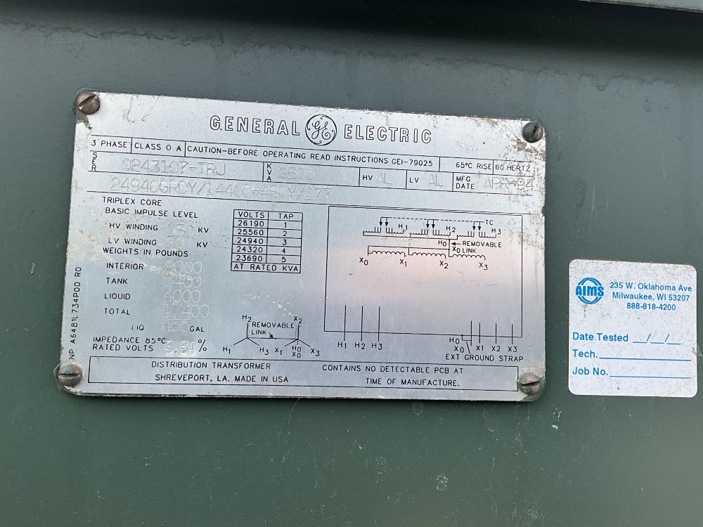 2500 KVA 24940GY/14400 Primary, 480Y/277 Secondary, 3 phase, Padmount Transformer - Image 1