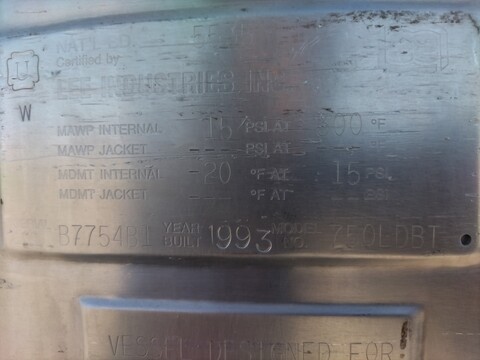 198 gallon Lee #750LDET, 750 liter 316 Stainless Steel tank, 44" dia. x 20" straight side, dish top & bottom - Image 6