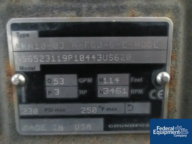 53 GPM @ 114' HD Grundfos #CRN-10, Vertical Centrifugal Pump, 3 HP, 2" in/out, 230 psi, 250°F - Image 4