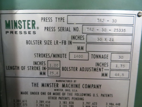 30 Ton, Minster #TR-2-30, 1" stroke, 1.75"bolster adjustment, 1400 SPM, serial #TR2-30-25335 - Image 5