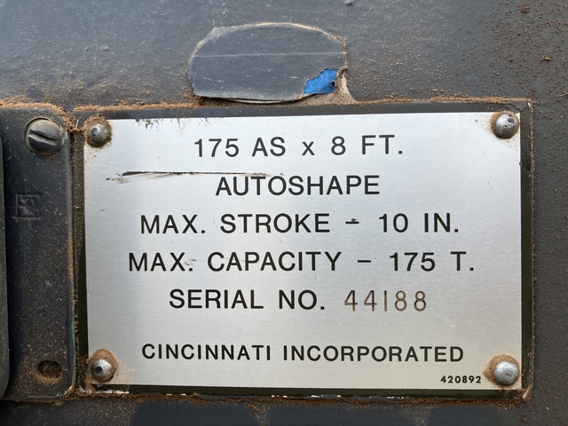 175 Ton, Cincinnati #Autoshape, 10' overall, 1032" between housing, 10" stroke, 17" open, 7" Shut Height, 48" - Image 9