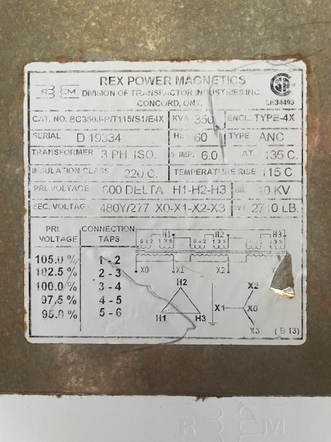 350 KVA 600 Delta Primary, 480Y/277 Secondary, Rex padmount transformer with enclosure, 2013 - Image 5
