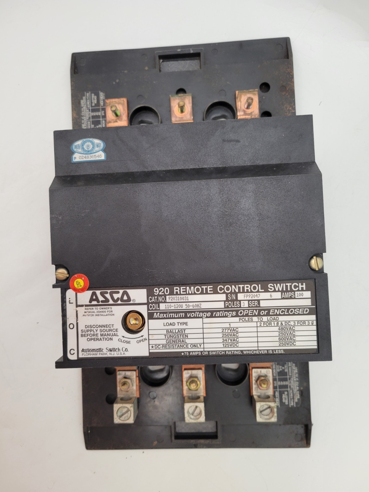100 Amp. ASCO, 920310031, Remote Control Switch, 3P, 3PH, Coil, 110/120 Volts, 50/60Hz, 920 Series - Image 2