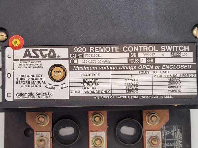 100 Amp. ASCO, 920310031, Remote Control Switch, 3P, 3PH, Coil, 110/120 Volts, 50/60Hz, 920 Series - Image 3