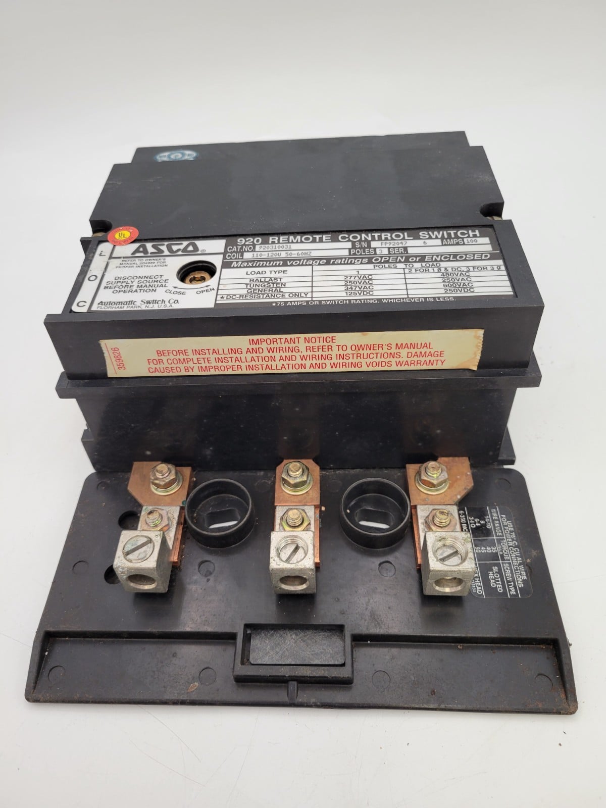 100 Amp. ASCO, 920310031, Remote Control Switch, 3P, 3PH, Coil, 110/120 Volts, 50/60Hz, 920 Series - Image 8