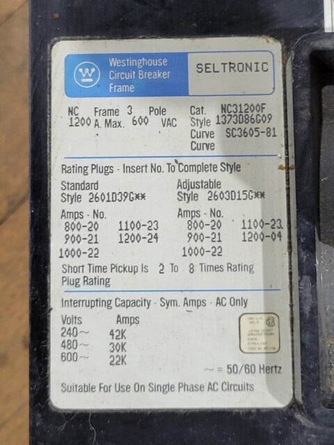 1200 Amps, Westinghouse, HNC31200F, Seltronic Circuit Breaker, 3 phase, 600 Volts - Image 3