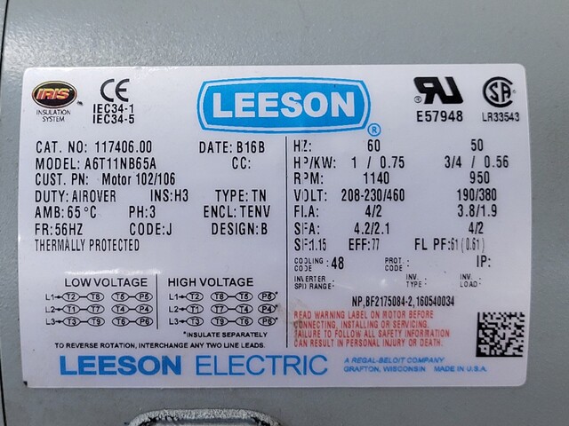 1 HP 1140 RPM Leeson 117406, Electric Motor, 3PH, 208-230 Volts - Image 3