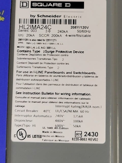 Square D #HL2IMA24C, surge protector device, 240 KA, 208Y/120 Volts, 220Y/127 Volts, HLA36060RP, unused - Image 6