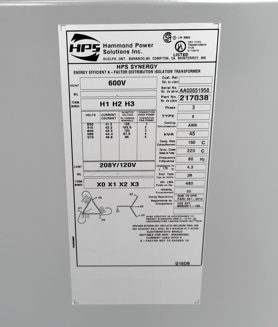45 KVA 600 Primary, 208Y/120 Secondary, Hammond 217038 transformer, dry type, Nema 3R, new surplus - Image 2
