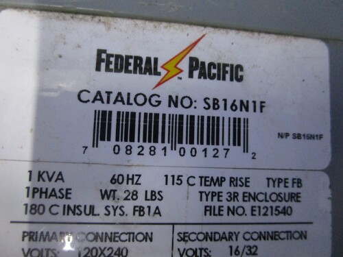 1 KVA 120/240 Primary, 16/32 Secondary, Federal Pacific transformer SB16N1F, 1 yr warranty - Image 2