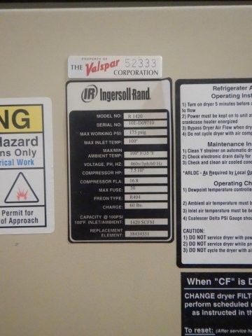 1420 scfm, 100&deg;F, 100 psi, Ingersoll-Rand #R1420, Refrigerator Air Dryer, R404, 175 psig max, 7.5 HP, 460 V - Image 9