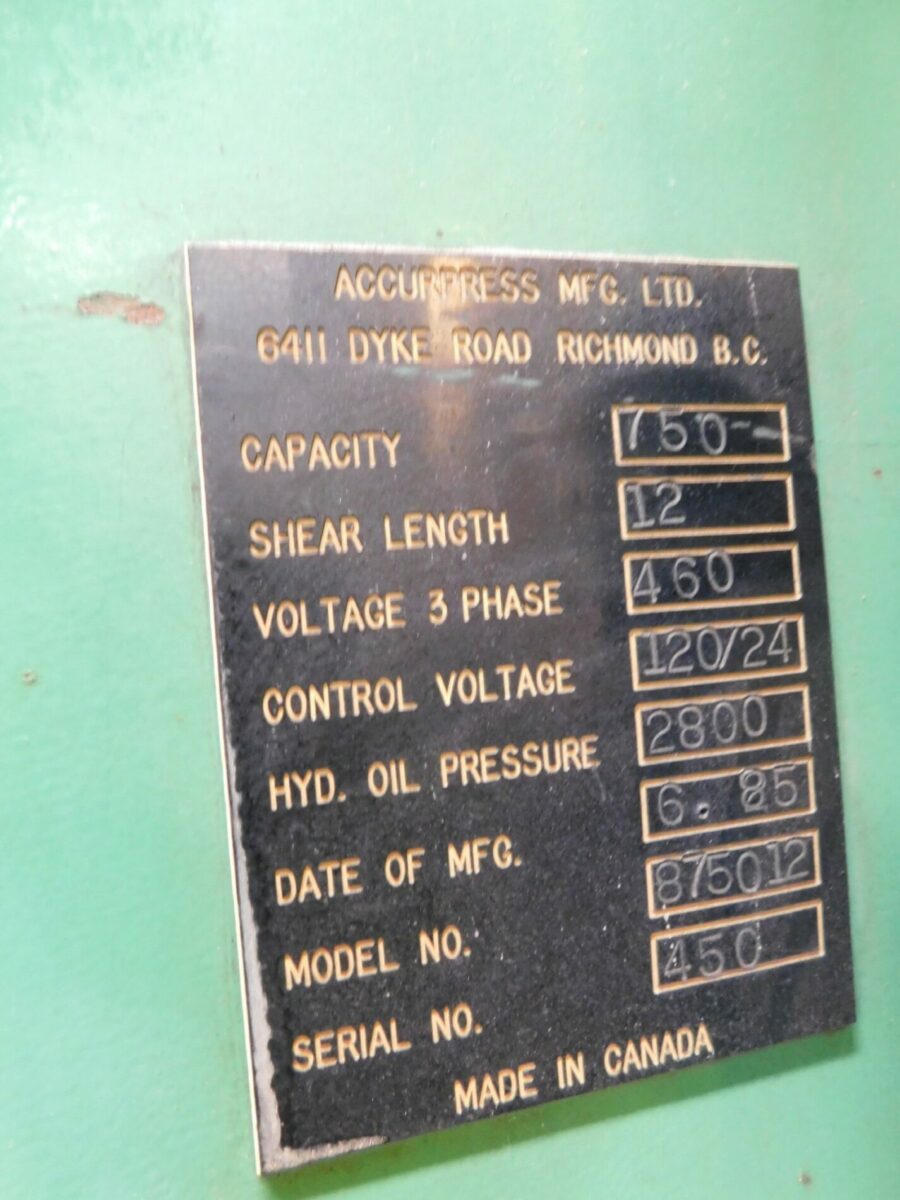 Accurshear #875012, shear, power back gauge, blade gap adjustment, 1985 - Image 3