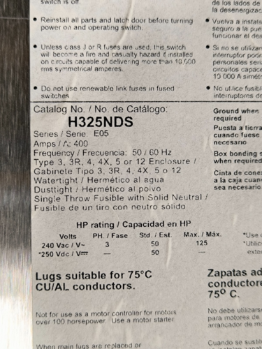 400 Amp. Square D, H325NDS, Fusible Disconnect Switch, 3 Pole, 240 Volts, Stainless Steel 3R, unused - Image 5