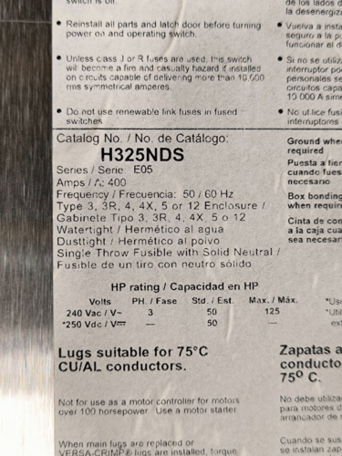 400 Amp. Square D, H325NDS, Fusible Disconnect Switch, 3 Pole, 240 Volts, Stainless Steel 3R, unused - Image 6