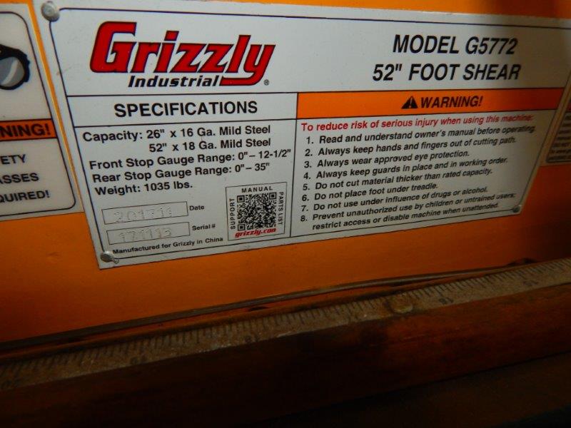 18 gauge x 52" Grizzly #G5772, Foot Shear, 0"-12.5" Front & 0"-35" Rear Step Gauge Range, 2017 - Image 5