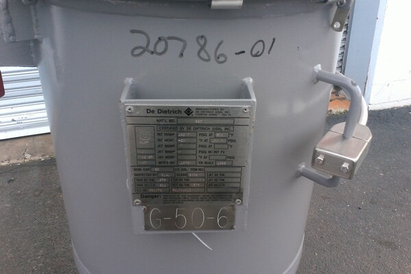 50 gallon DeDietrich, Glass Lined Tank, Vertical, 23" diameter x 28" straight side, 100 psi/FV @ 500°F - Image 3