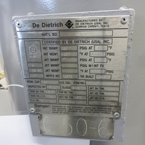 50 gallon DeDietrich, Glass Lined Tank, Vertical, 23" diameter x 28" straight side, 100 psi/FV @ 500°F - Image 9