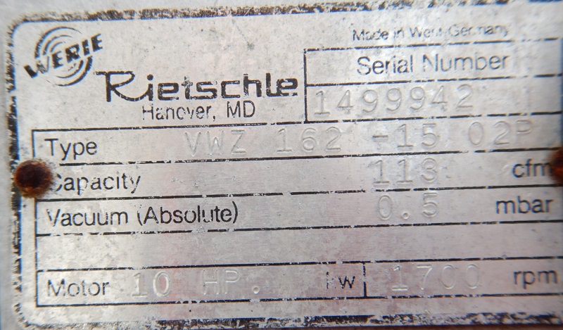 113 CFM, Rietschle #VWZ162-15, Vacuum Pump, 0.213 psi @ 40°F, 10 HP, 1800 RPM - Image 4