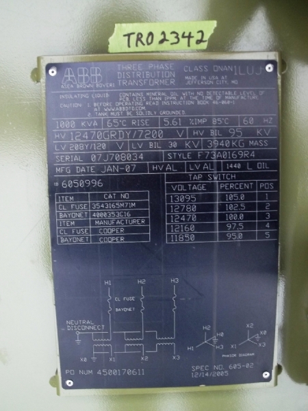 1000 KVA 12470Y/7200 Primary, 208Y/120 Secondary, taps 2-2.5a+bn (2 available) - Image 1