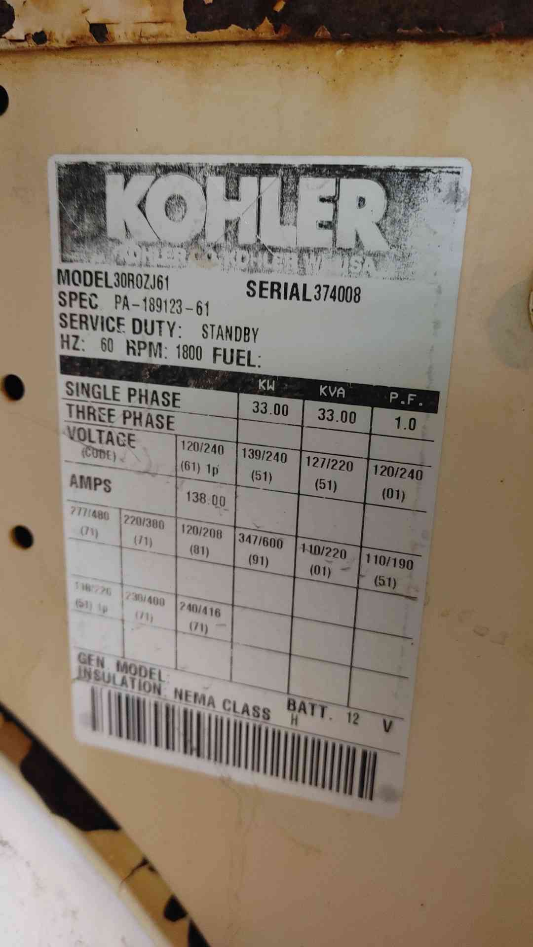 30 KW 33 KW Kohler #30R0ZJ61, Diesel Generator, 1 & 3PH, John Deere, 1322 Hrs - Image 2
