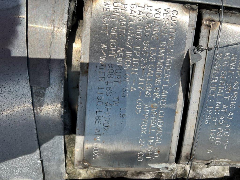 138 gallon Knight Fabricators, Inc., Stainless Steel Pressure Vessel, 20" diameter x 56" Straight Side, 45 - Image 4
