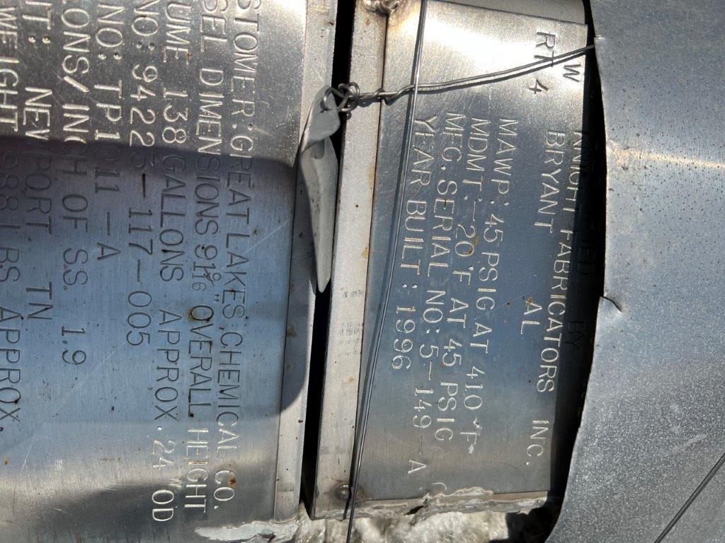 138 gallon Knight Fabricators, Inc., Stainless Steel Pressure Vessel, 20" diameter x 56" Straight Side, 45 - Image 5