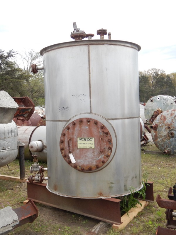 750 gallon Stainless Steel Vertical Tank, 54" diameter x 7' Straight Side, Cone Top, Flat Bottom - Image 1