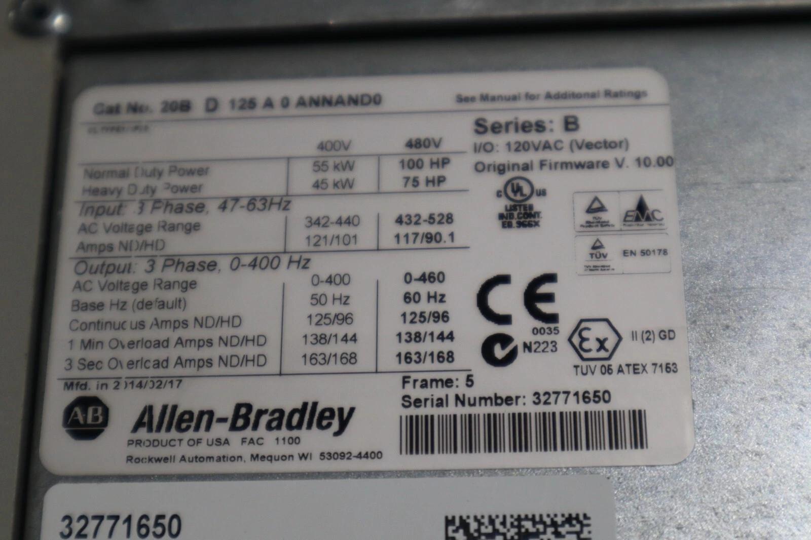Allen-Bradley Bradley 20BD125A0ANNAND0 100 HP Ser B Powerflex 700 Drive VFD Stock 3367-A - Image 2