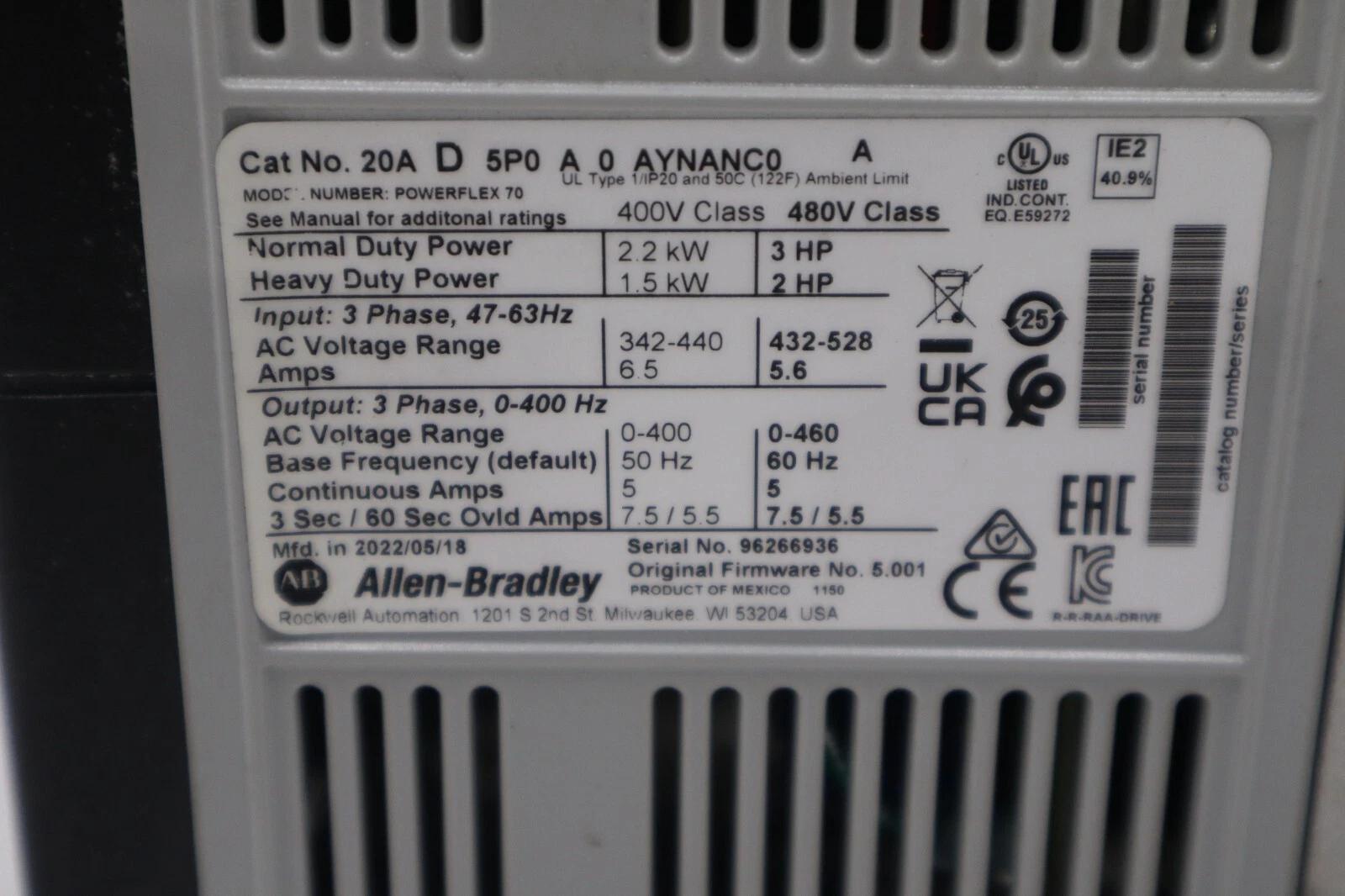 New 2022 Allen-Bradley bradley 20ad5p0a0aynanc0 powerflex 70 480 vac drive stock h121 - Image 2