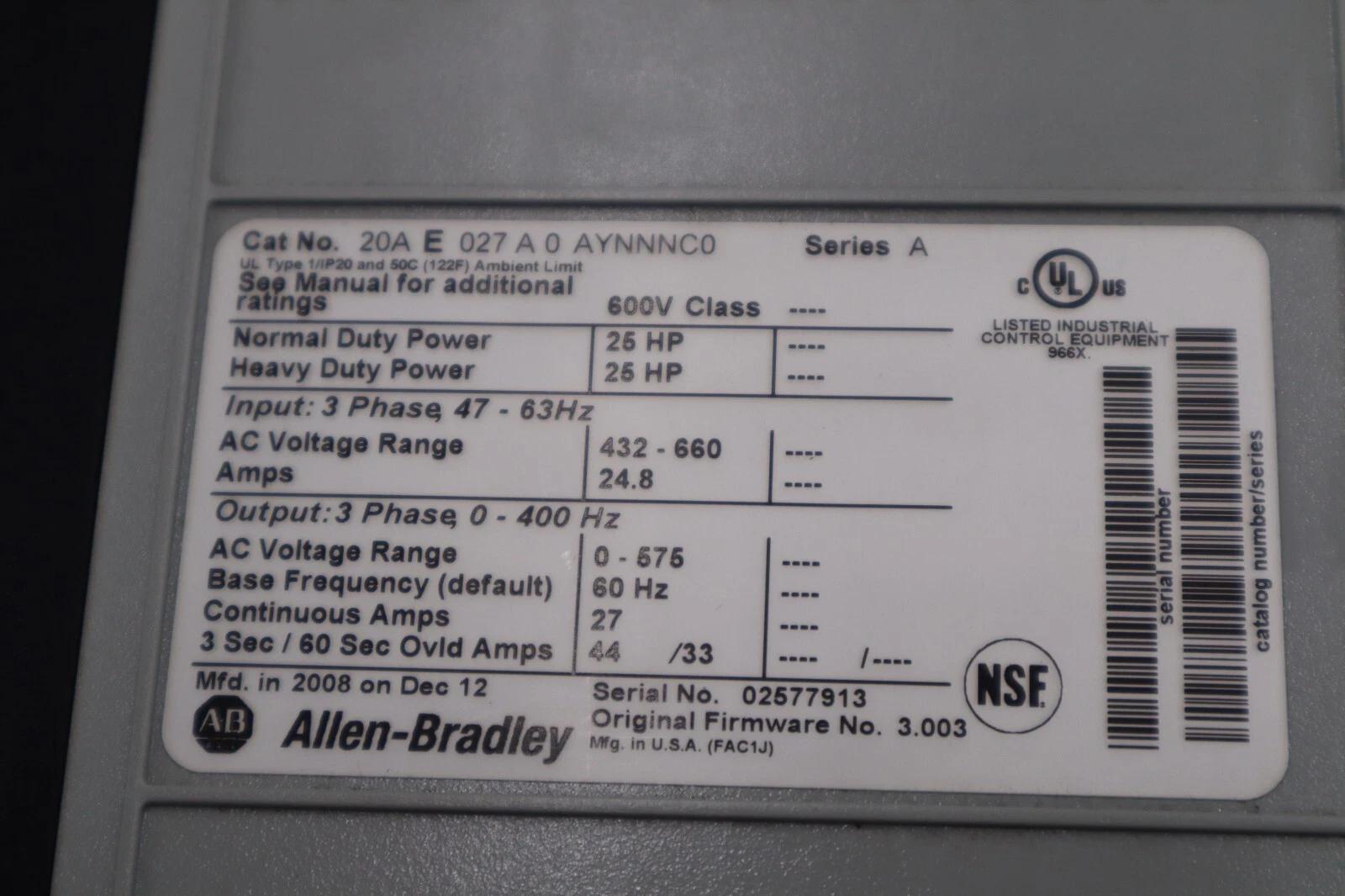 25 HP Allen-Bradley 20AE027A0AYNNNC0 Series A Drive 25HP 3Ph 0-600V STOCK 1803B - Image 2