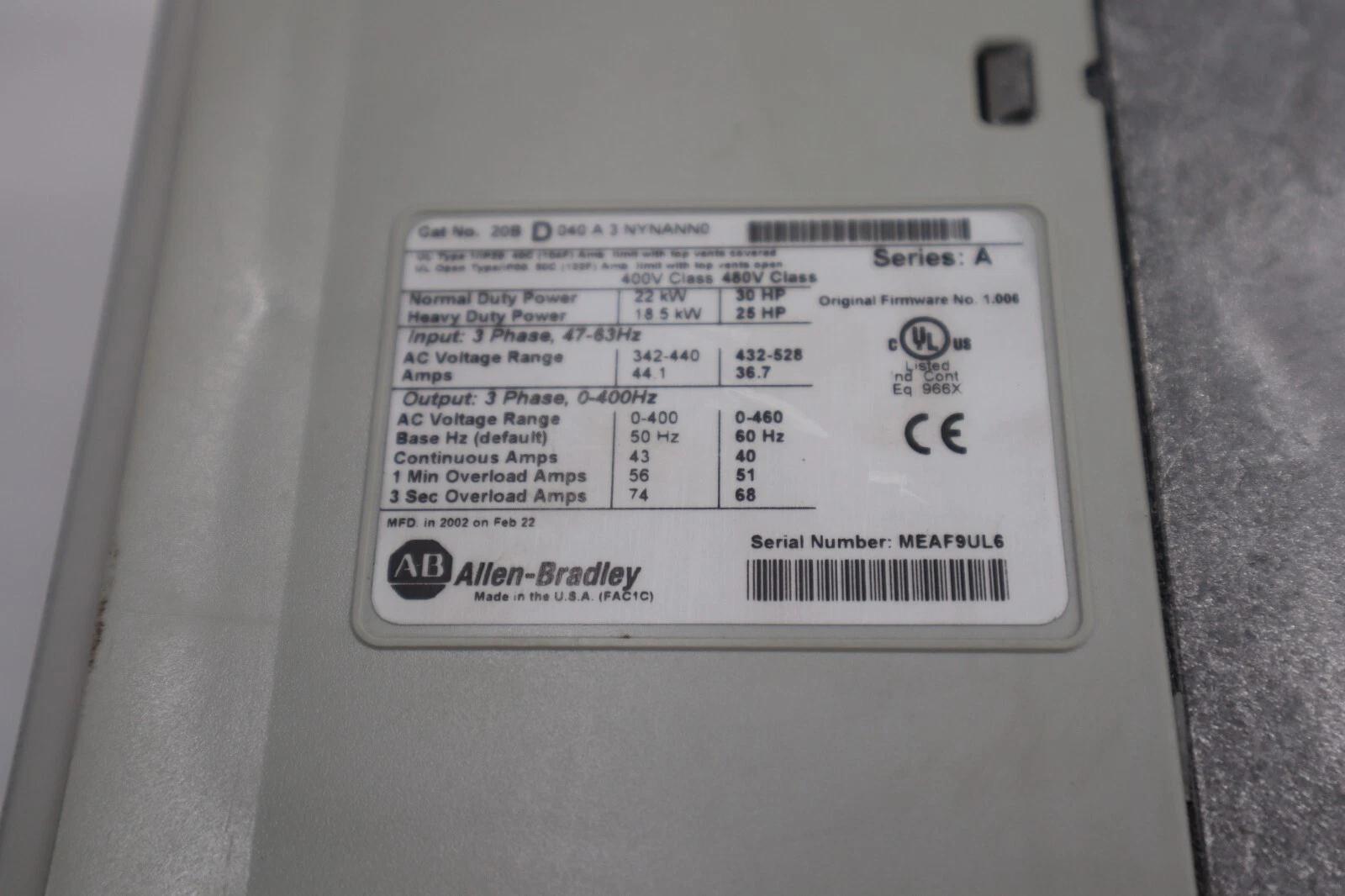 Allen-Bradley VFD Powerflex 700, 20bd040a3nynann0, 30 HP, 480V, 460 Hz STOC 1846 - Image 2